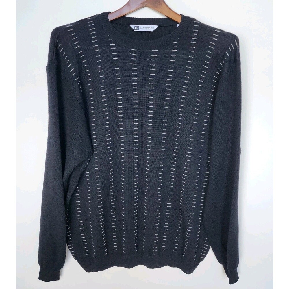Bachrach Italy Merino Wool Sweater XL Mens Black Knit Geometric Dash Pullover